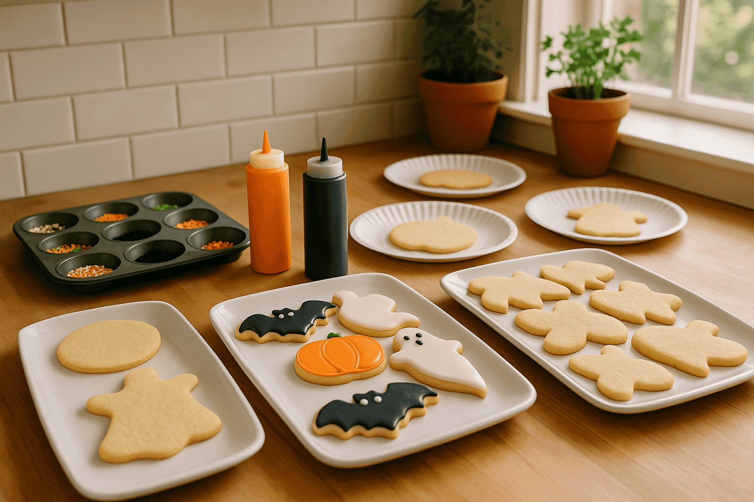 Organized Halloween cookie decorating station with orange and black icing, sprinkles, and bat-shaped cookies on kitchen counter