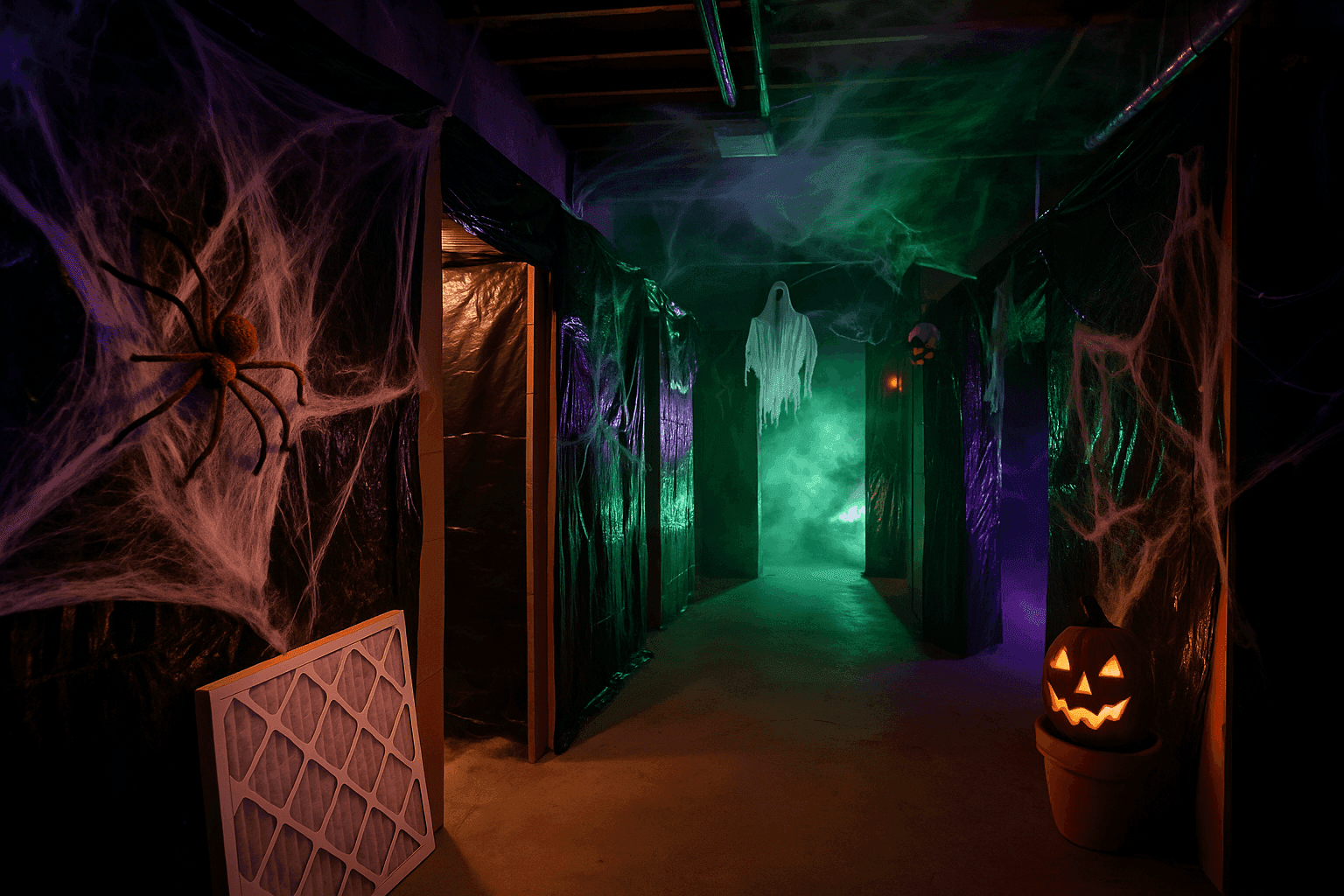 Garage converted into spooky haunted house maze with cardboard walls, dramatic lighting, and themed decorations creating thrilling walkthrough experience