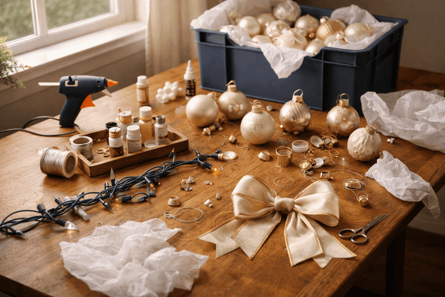 Holiday decorations being repaired on workspace with glue gun, wire, and ornaments ready for storage