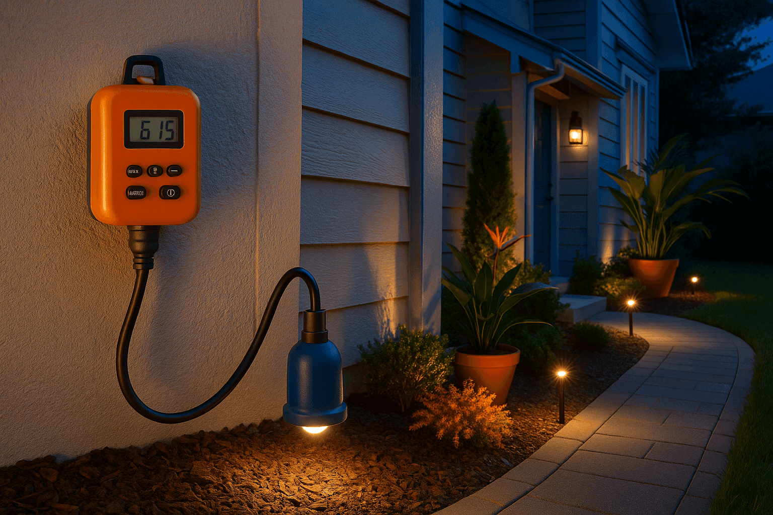 Professional installation of programmable outdoor timer with landscape lighting system illuminating home exterior during twilight hours
