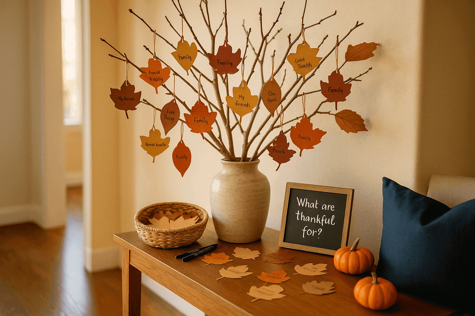 Decorative thankful tree with autumn branches in vase covered with paper leaves guests wrote gratitude messages on displayed on entry table