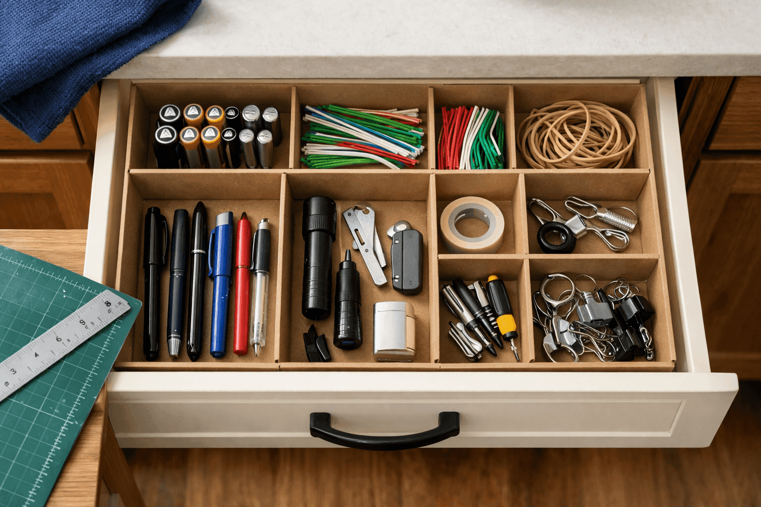 Organized kitchen drawer with custom cardboard dividers separating utensils and small items neatly