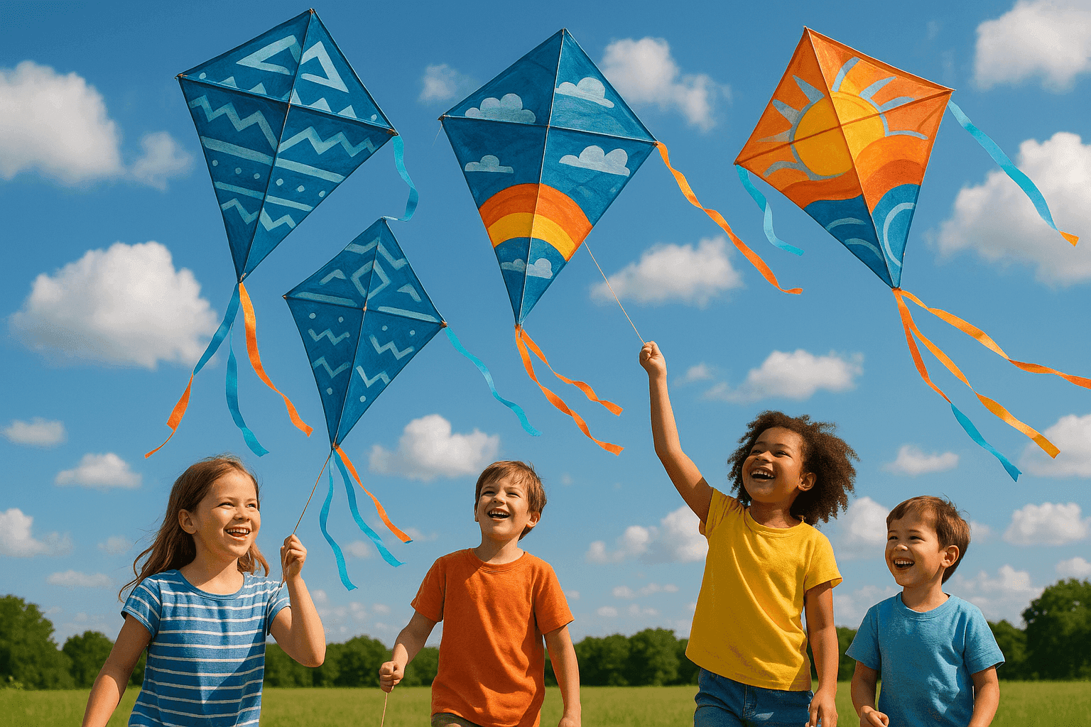 Children flying colorfully decorated kites with painted designs and streaming ribbons against a bright blue summer sky