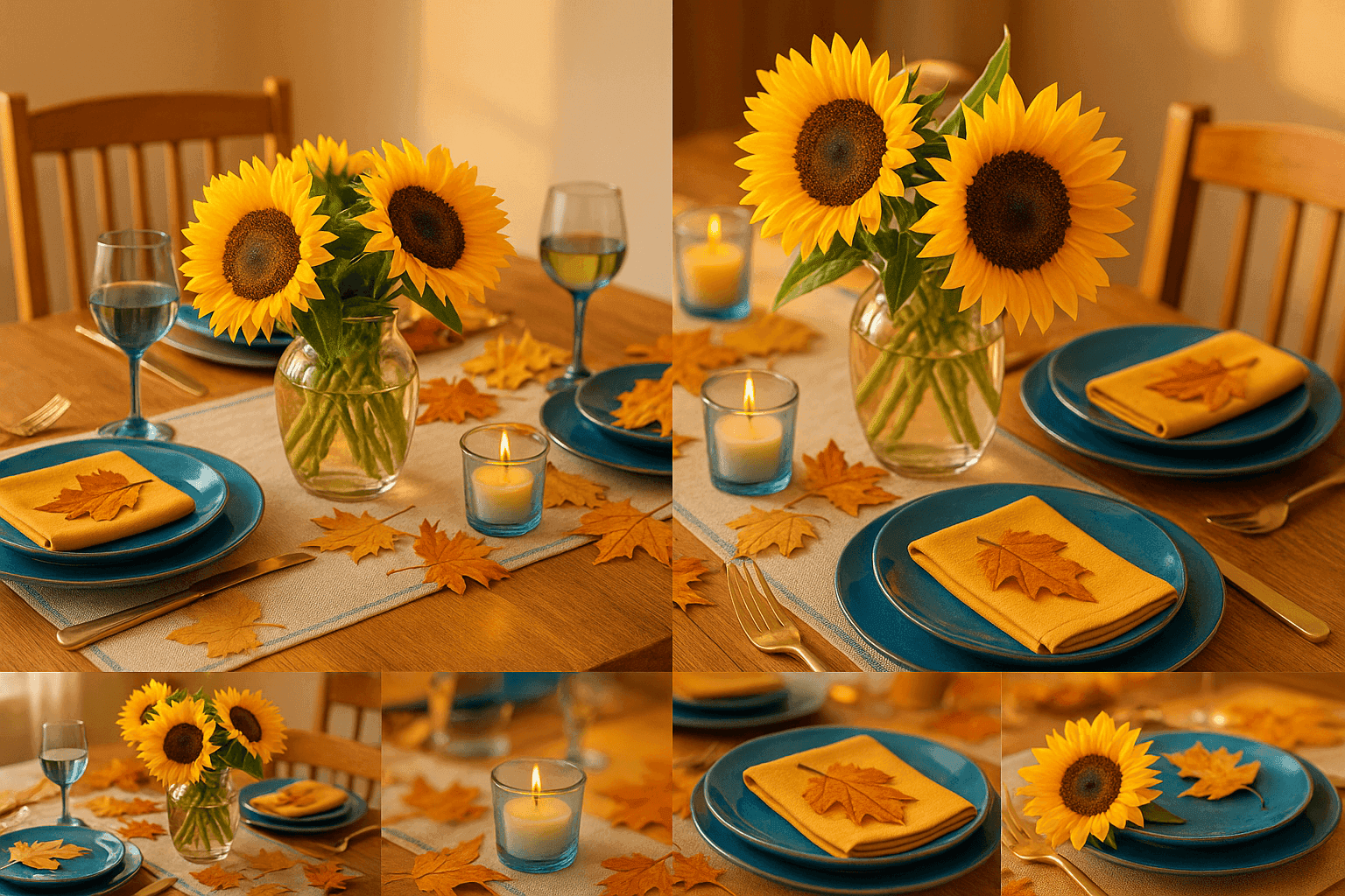 Elegant late summer table setting with sunflower centerpiece, golden napkins, and harvest elements bridging summer and fall