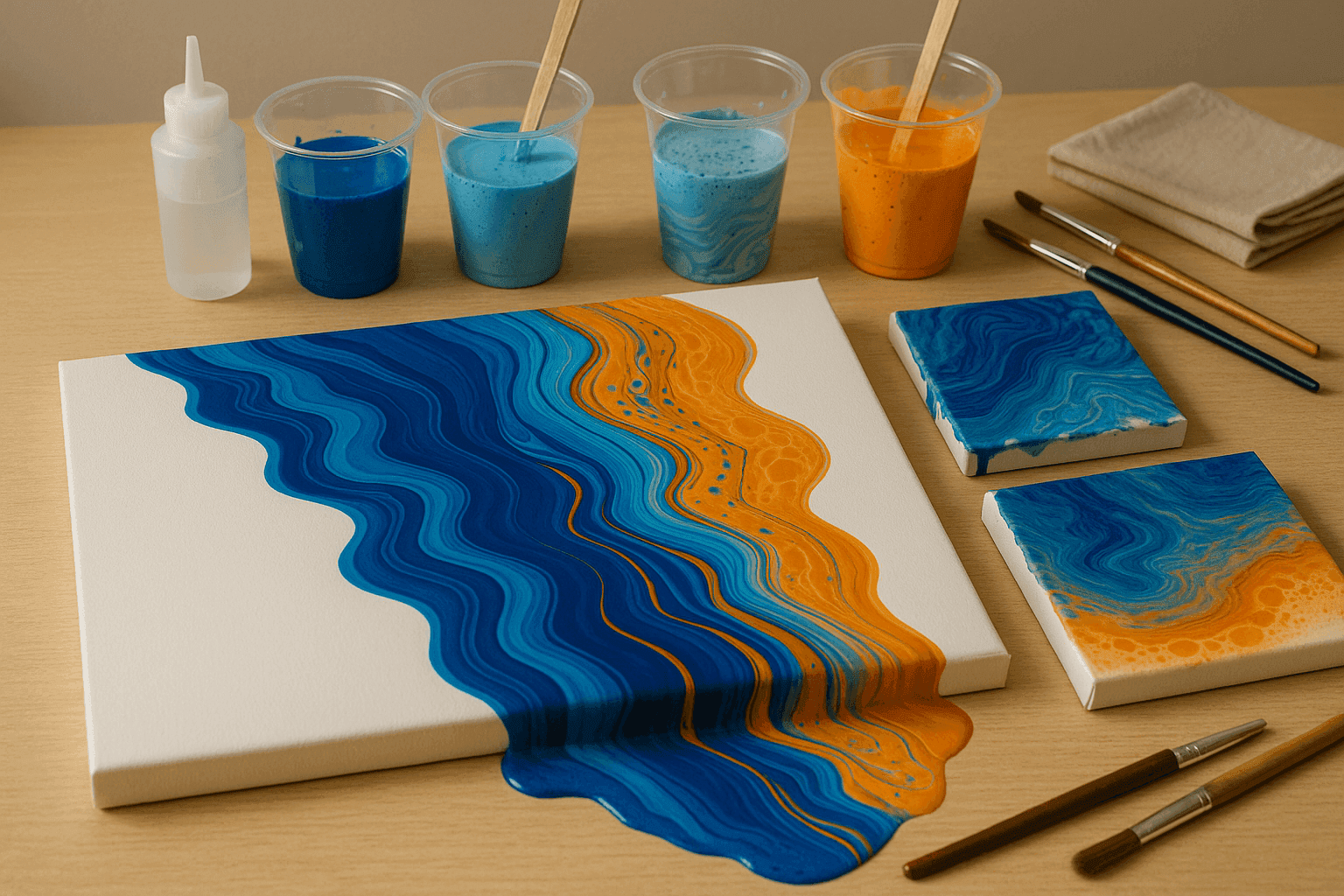 Vibrant paint pour canvas art with flowing abstract patterns in blues and oranges, showing the therapeutic painting process in progress