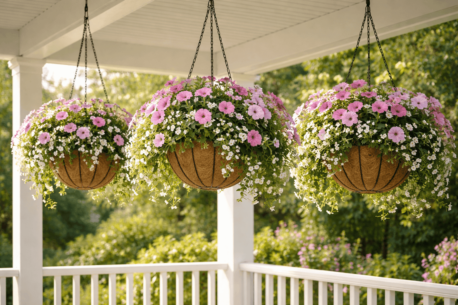 Wire hanging basket lined with natural brown coconut coir fiber and overflowing with trailing petunias and bacopa in vibrant bloom hanging from a sunny porch