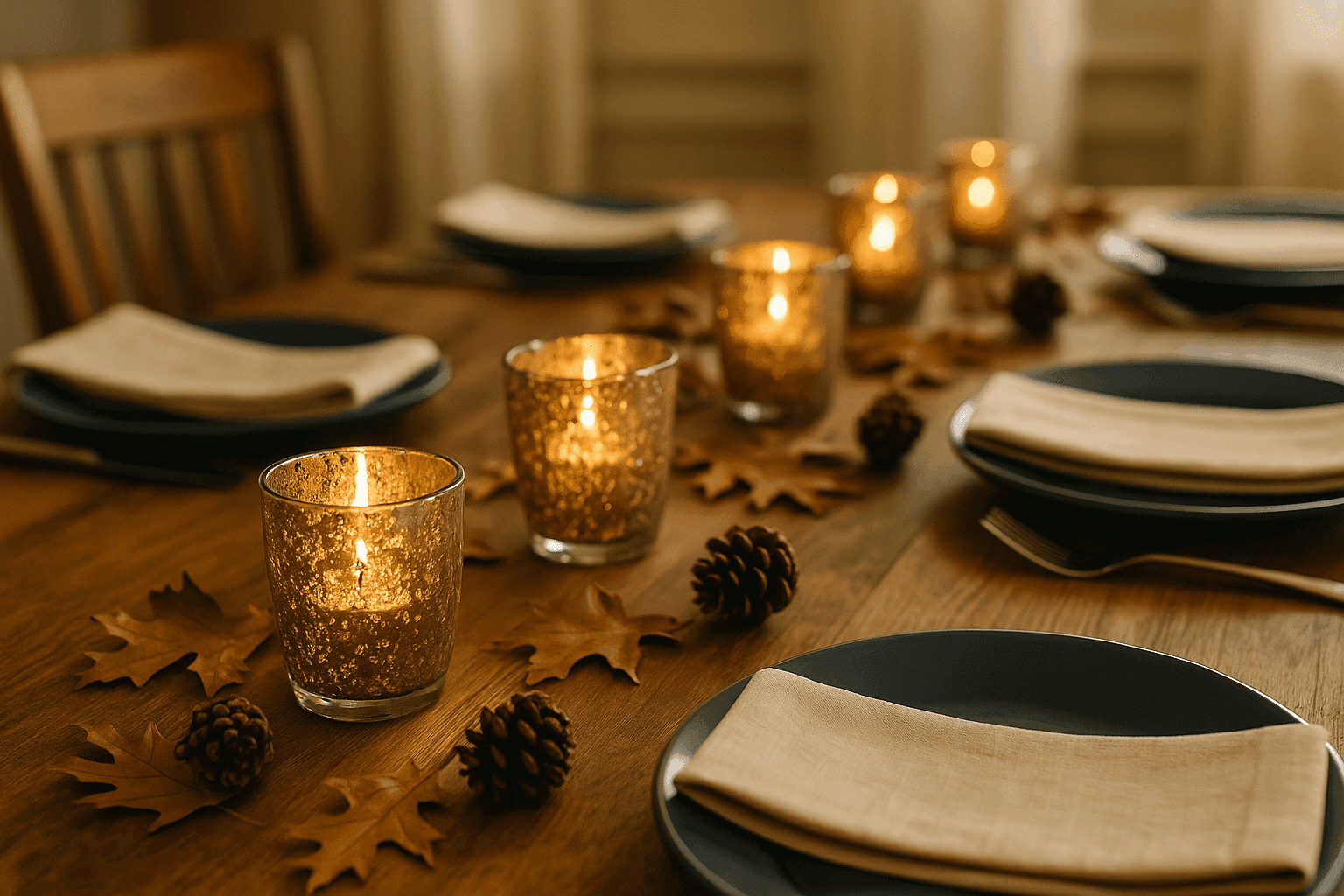 Elegant faux mercury glass votive candleholders with antiqued silver finish arranged on Thanksgiving table with candles glowing