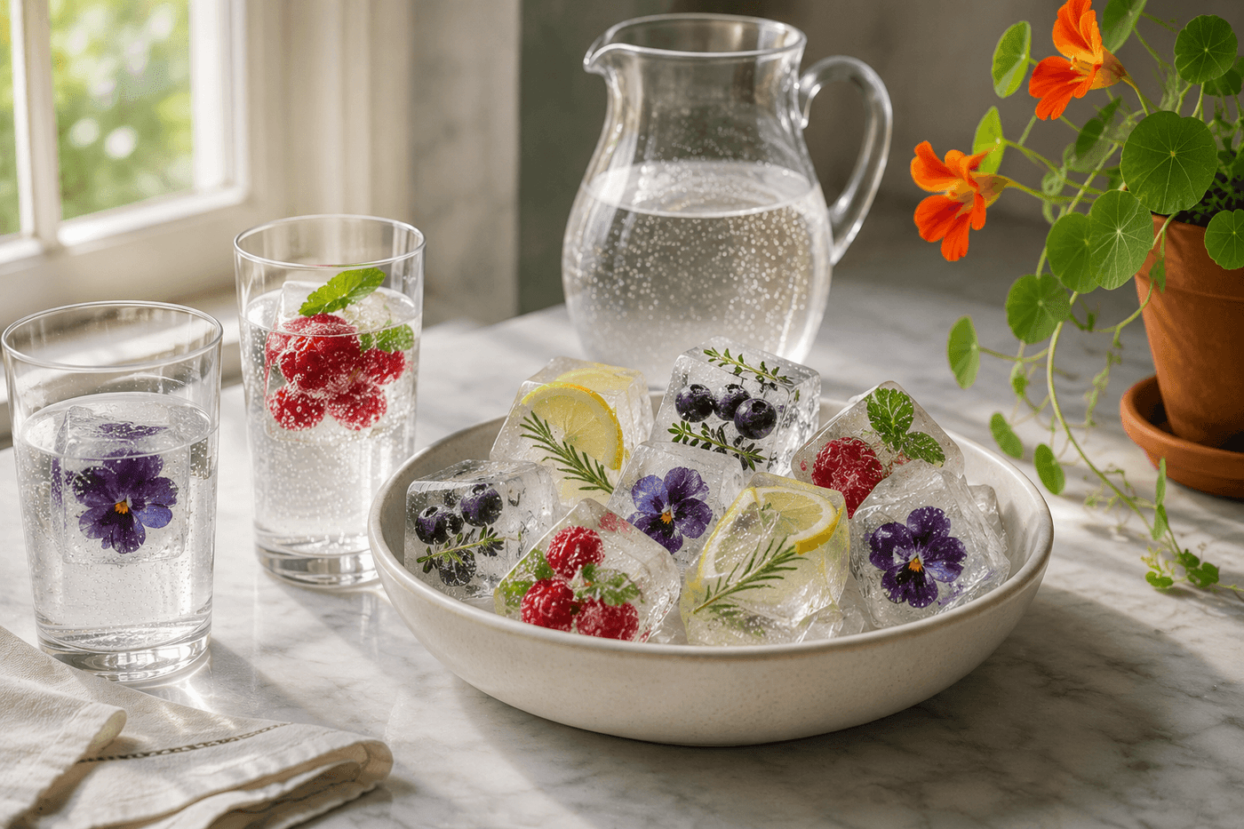 A glass bowl of decorative fruit ice cubes showing raspberries and mint, thin citrus slices, and blueberries suspended in clear ice beside a pitcher of sparkling water on a summer entertaining table