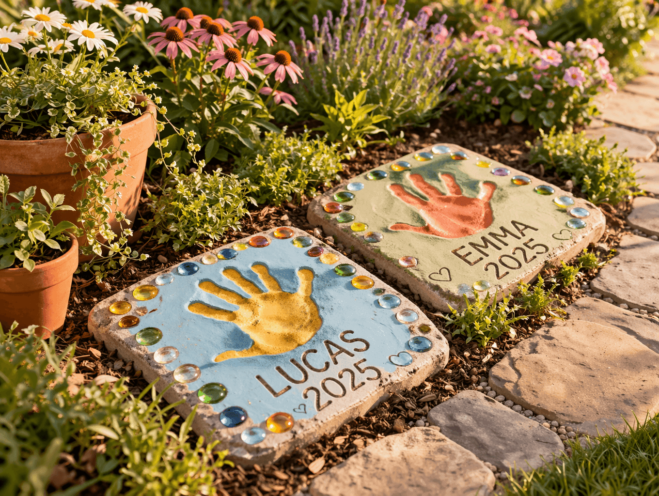 Colorful painted concrete stepping stone with a child's handprint impression and painted name in a sunny garden path surrounded by green plants