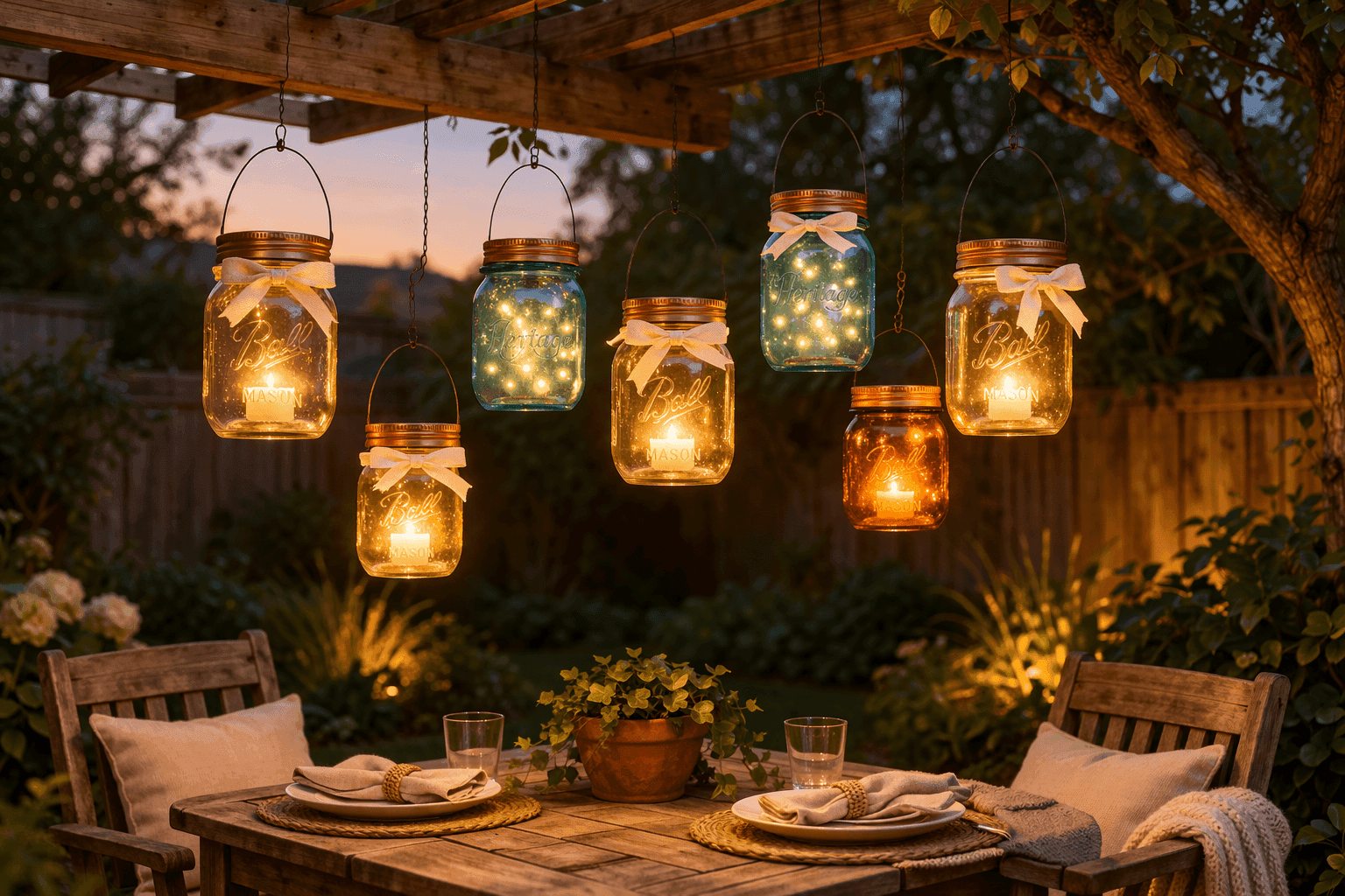 Collection of glowing mason jar lanterns with wire handles hanging at varying heights from a pergola beam and tree branches in a softly lit evening garden setting