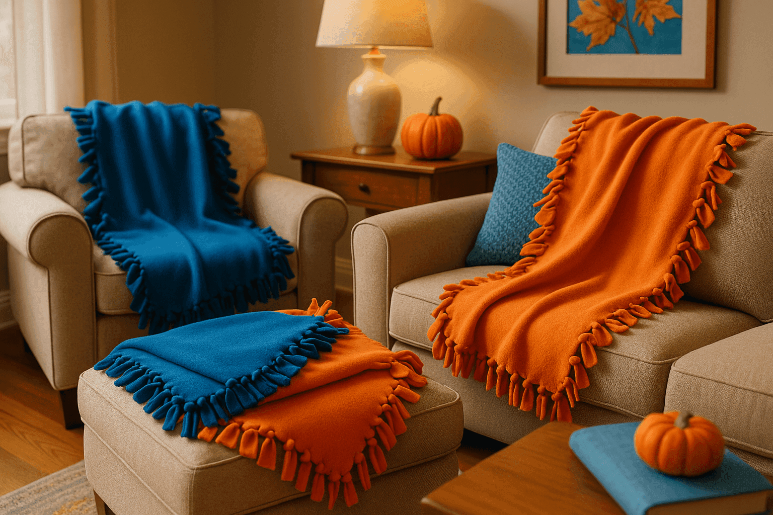 Cozy fleece tie blankets with knotted edges in warm colors displayed in comfortable living room setting perfect for autumn evenings