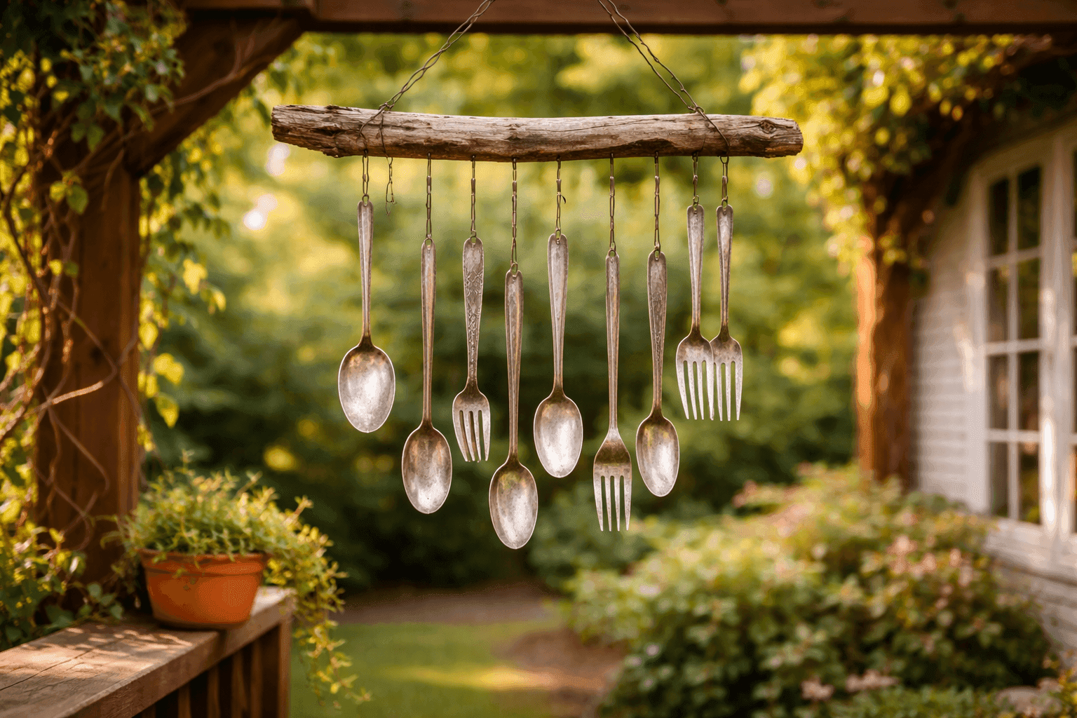 Handmade vintage silverware wind chime with mismatched spoons and forks hanging at varying lengths from a natural driftwood branch on a garden pergola in soft natural light