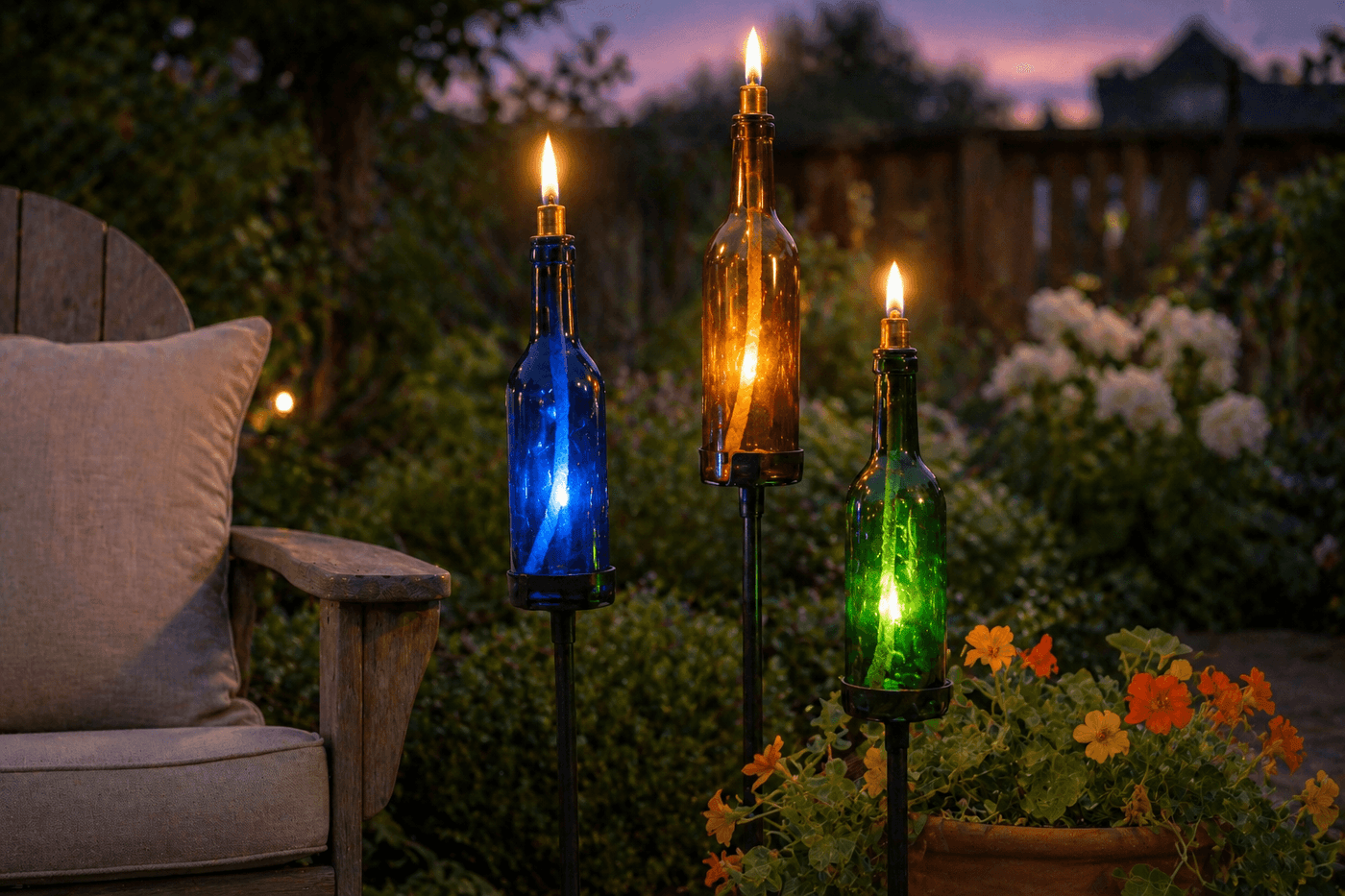 Three wine bottle tiki torches in cobalt blue, amber, and dark green glass mounted on garden stakes at varying heights near a patio seating area at dusk, flames glowing warmly through the colored glass