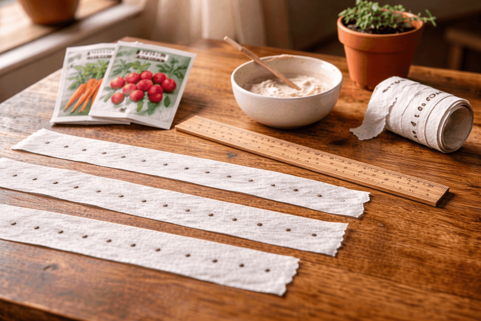 Homemade seed tape strips rolled loosely on a wooden table with tiny seeds visible at even intervals on white toilet paper strips beside seed packets and a small bowl of flour paste