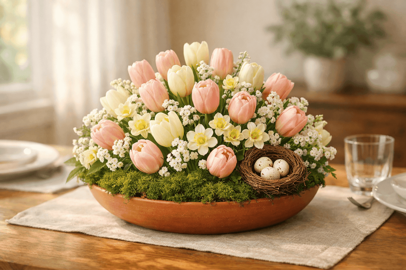 Lush dome-shaped spring floral centerpiece with tulips, daffodils, and greenery in a low terracotta bowl on a wooden dining table with soft natural light