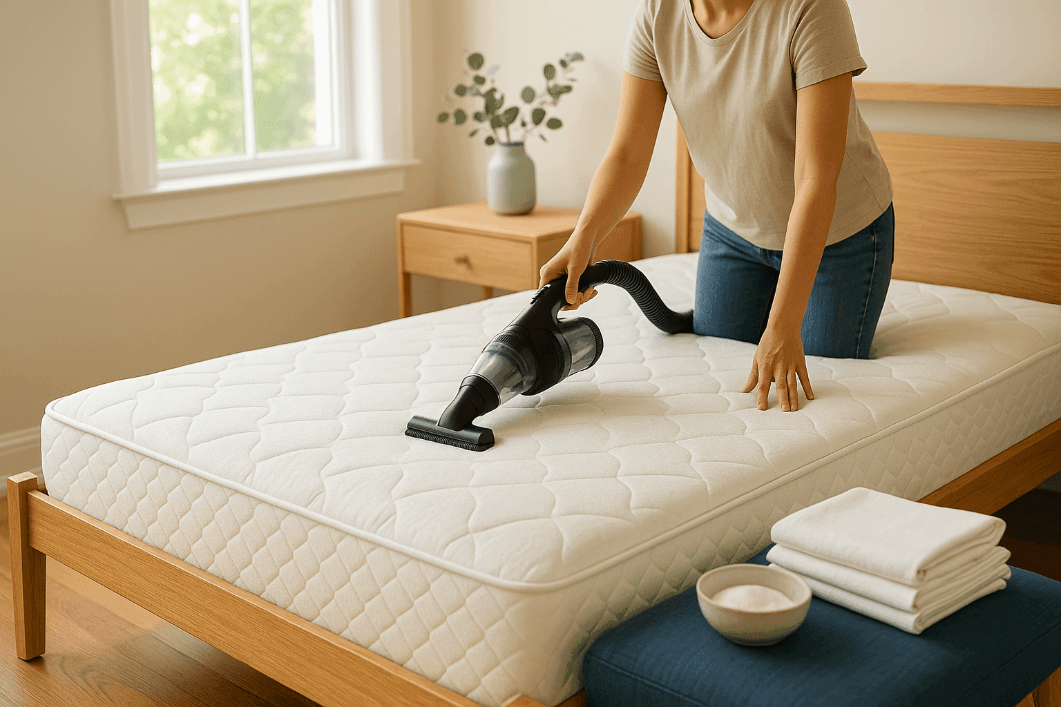 Person rotating and vacuuming clean white mattress on wooden bed frame in bright bedroom with fresh linens nearby