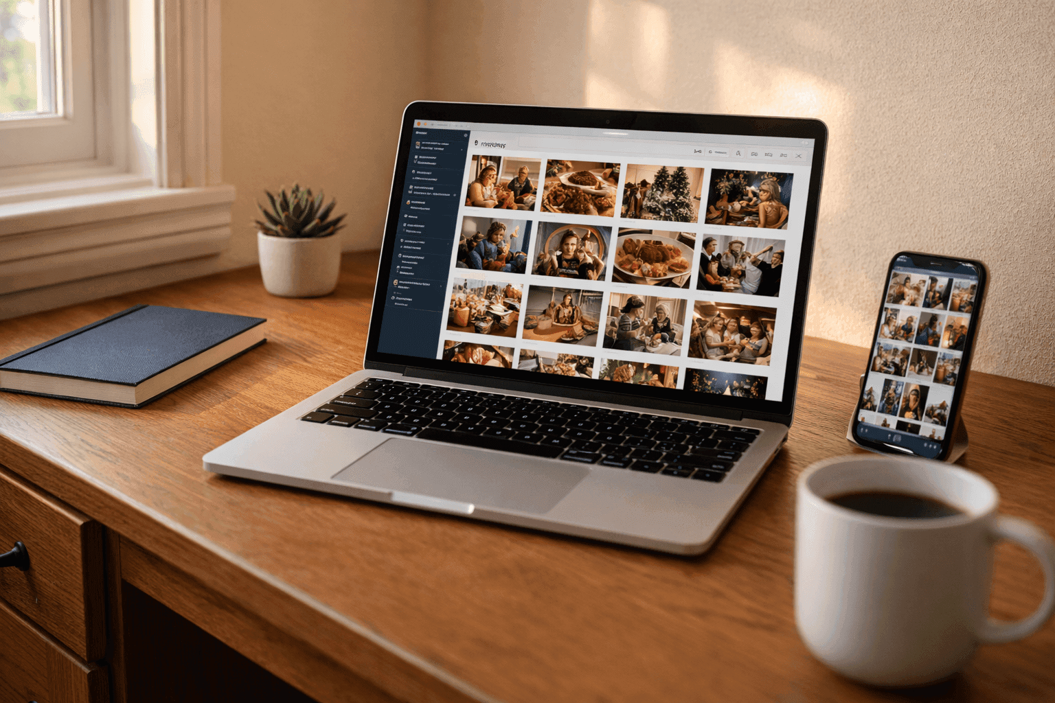 Organized digital photo albums displayed on laptop screen showing sorted holiday memories