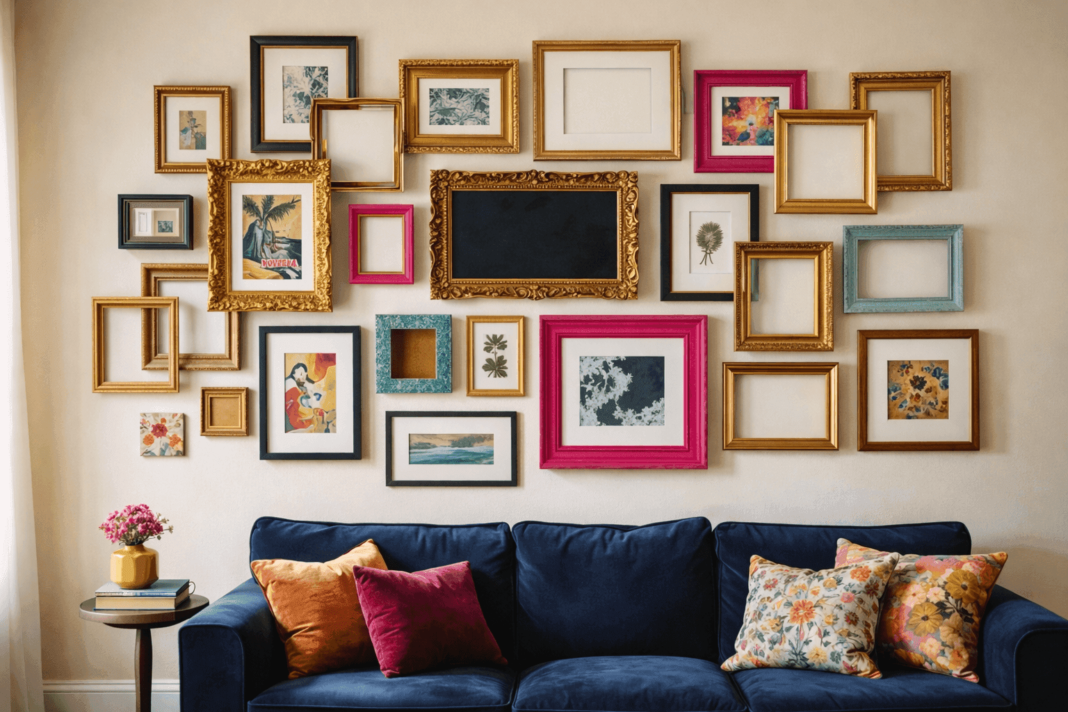Bold maximalist gallery wall with mismatched colorful frames in various styles and sizes