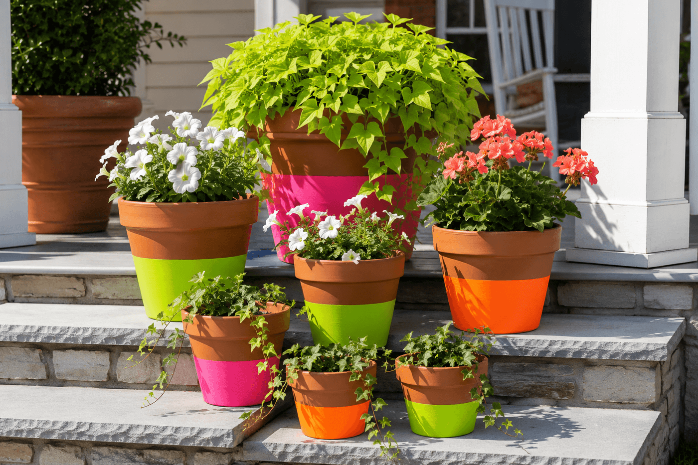 Cluster of seven terra cotta planters in graduated sizes with bold neon color-dipped bottom halves in electric pink, lime green, and bright orange arranged on porch steps with trailing plants