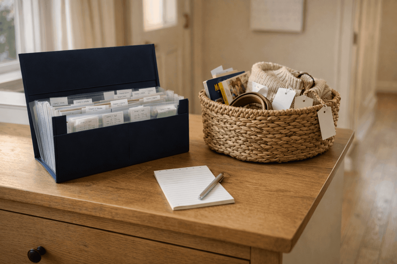 Organized entryway station with labeled folder containing gift receipts and designated basket for items to return