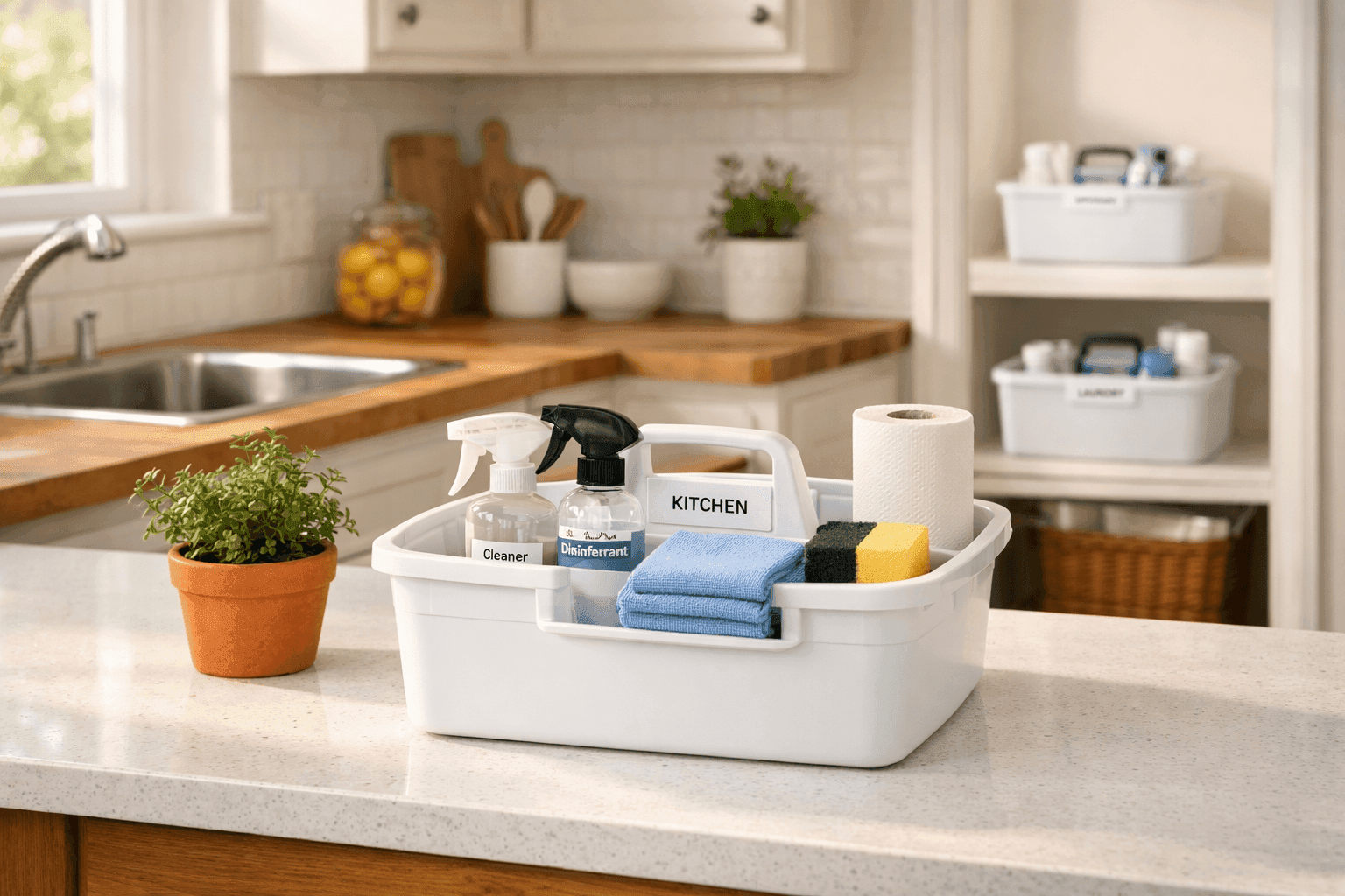 Three neatly organized cleaning supply caddies stocked with sprays, microfiber cloths, and sponges stored under a kitchen sink and in a bathroom cabinet in a clean bright home interior
