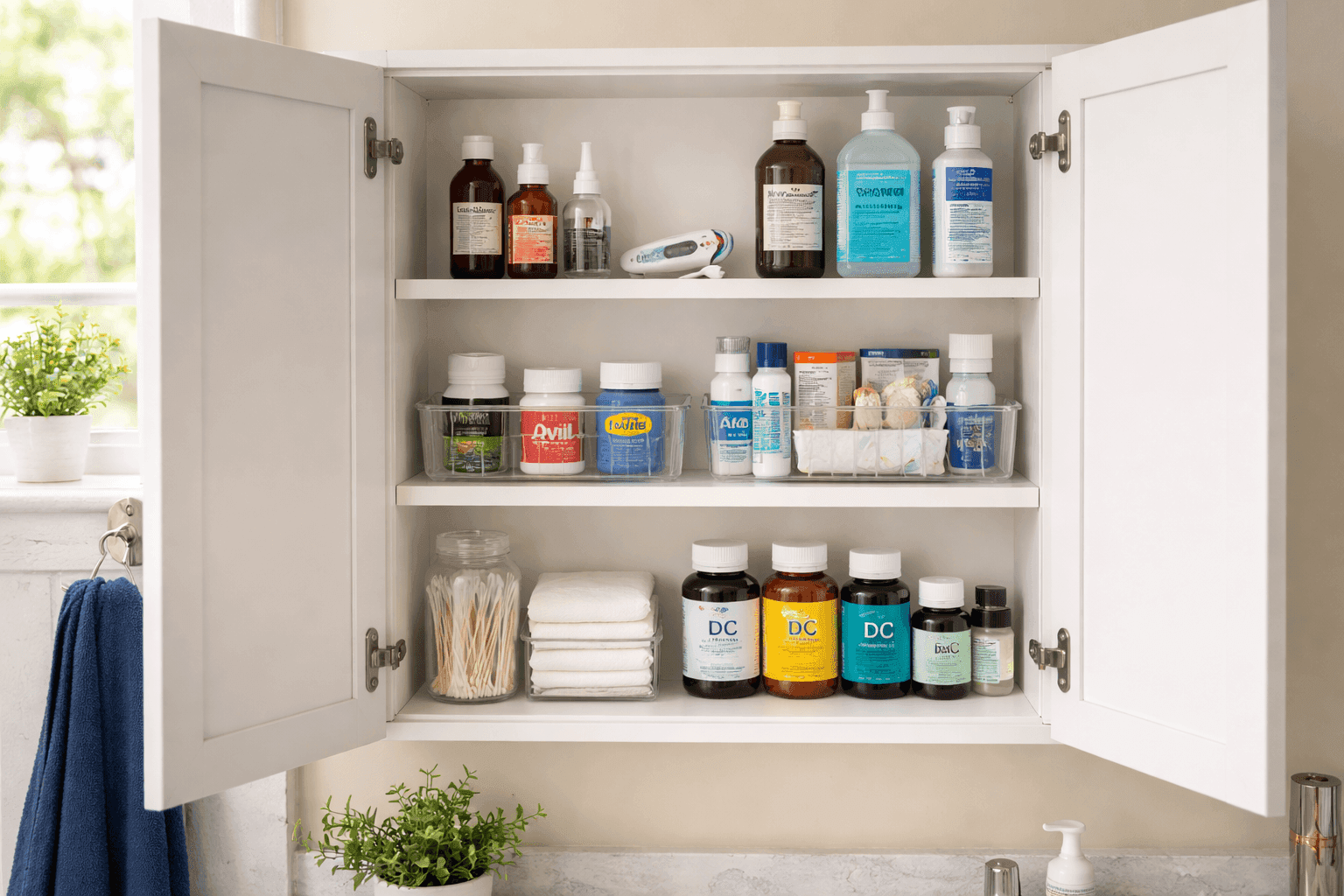 Organized medicine cabinet with labeled categories and checked expiration dates on clean shelves