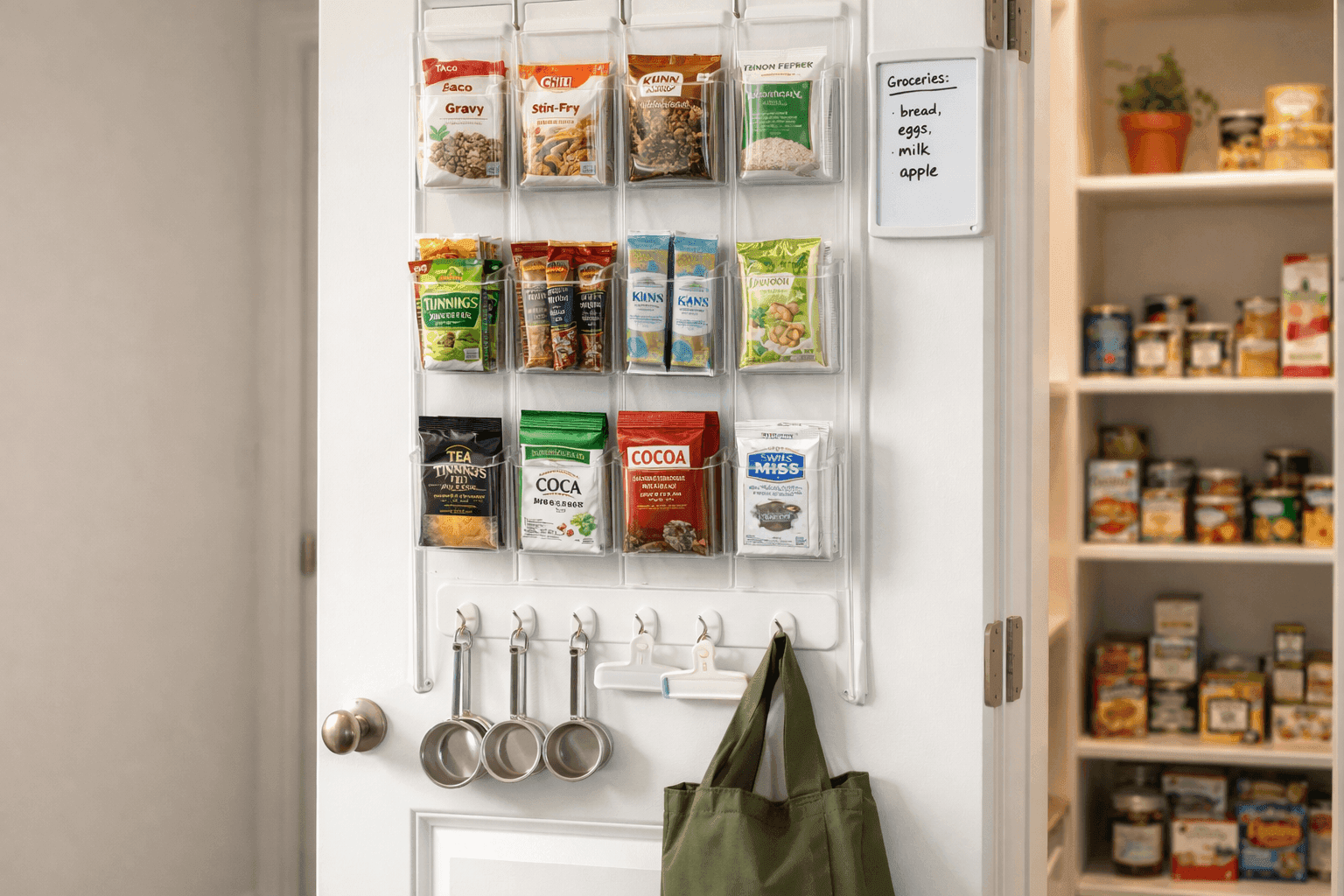 Neatly organized pantry door with an over-the-door pocket organizer holding spice packets, snack bars, and small pantry items with adhesive hooks below holding measuring cups and chip clips