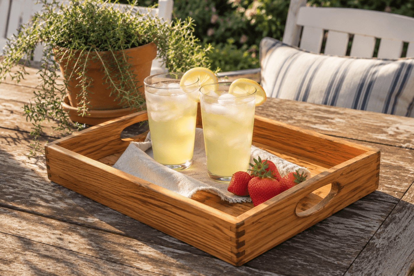 Handmade wooden serving tray with cut-out handles holding glasses of lemonade and a small charcuterie board on a sunny patio table