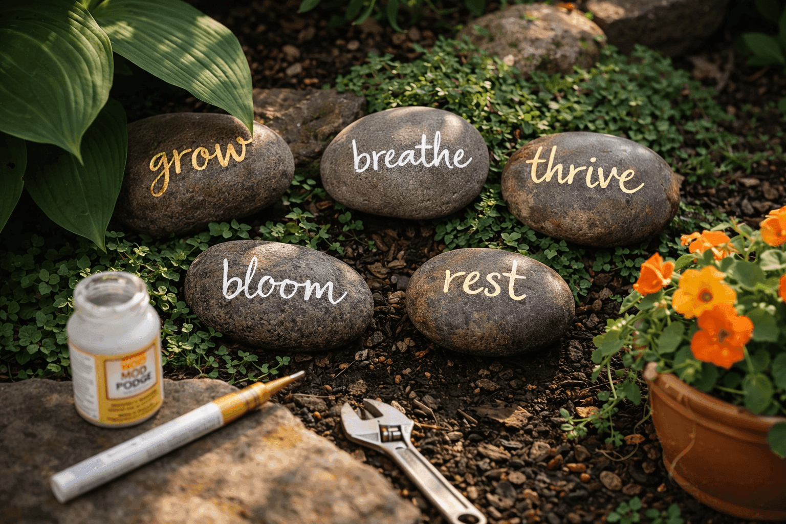 Several smooth river rocks painted with white and gold inspirational words including grow, bloom, and breathe nestled among garden plants and flower bed borders in dappled sunlight
