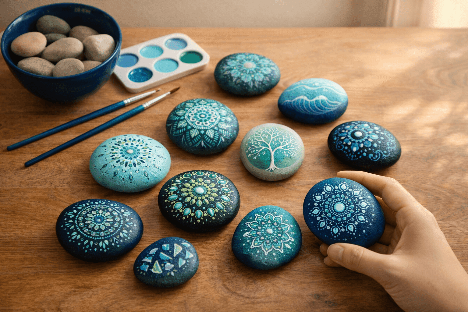 Collection of painted river rocks with mandalas and calming designs arranged on peaceful home workspace with brushes and paint