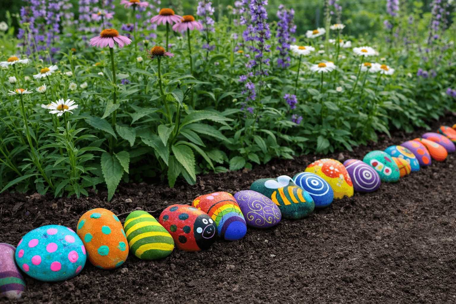 A garden bed edged with a collection of 20 or more river rocks painted in bold mismatched designs — polka dots, stripes, faces, ladybugs, and abstract patterns in hot pink, turquoise, lime green, orange, and gold — lined up along dark garden soil with green plants rising behind them