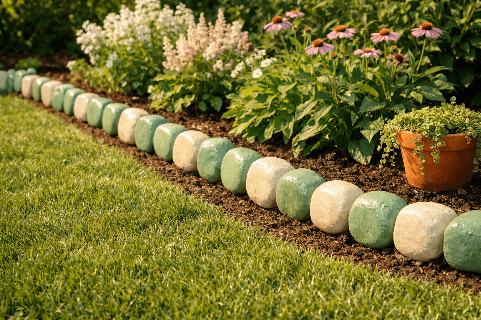Charming painted rock garden border with alternating sage green and cream colored rocks lining a garden bed with flowering plants behind in a sunny front yard setting