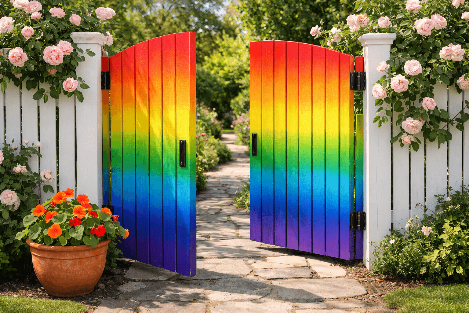 Wooden garden gate painted in a smooth vertical rainbow ombré gradient from red at the top through orange, yellow, green, blue, and violet at the bottom, set in a lush green garden entrance