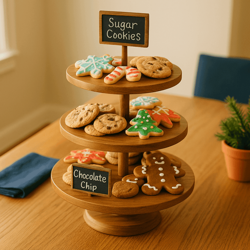 Handmade three-tiered wooden cookie display stand with holiday cookies and small chalkboard labels at festive gathering