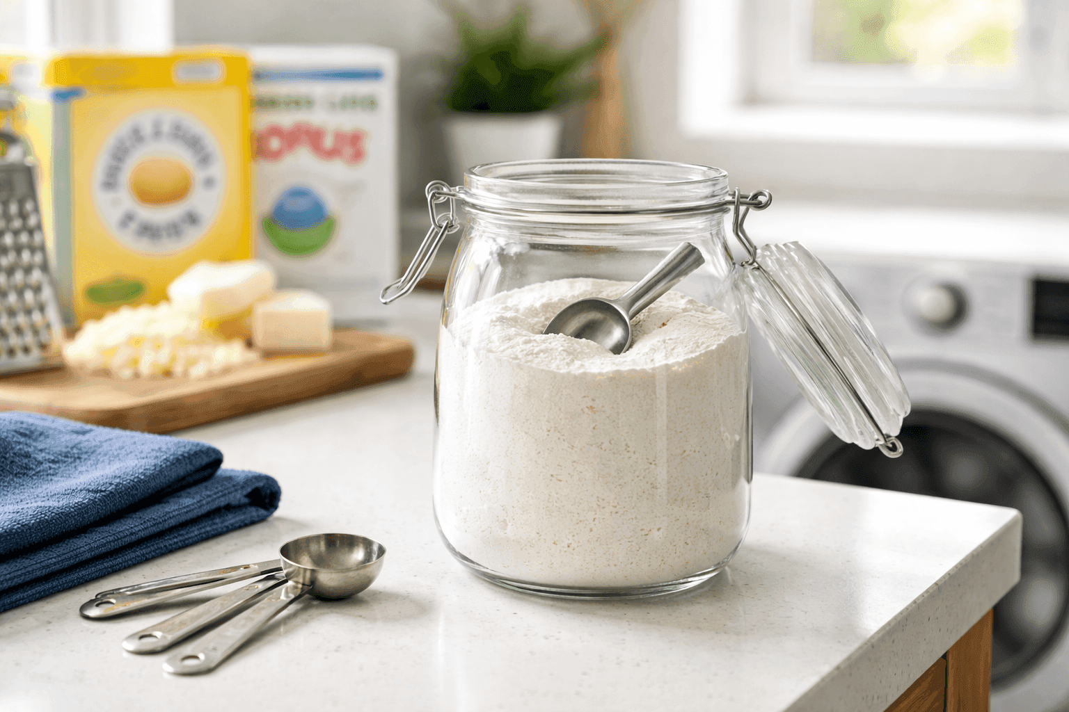 Glass jar filled with homemade laundry detergent powder with measuring scoop on bright laundry room counter with ingredients
