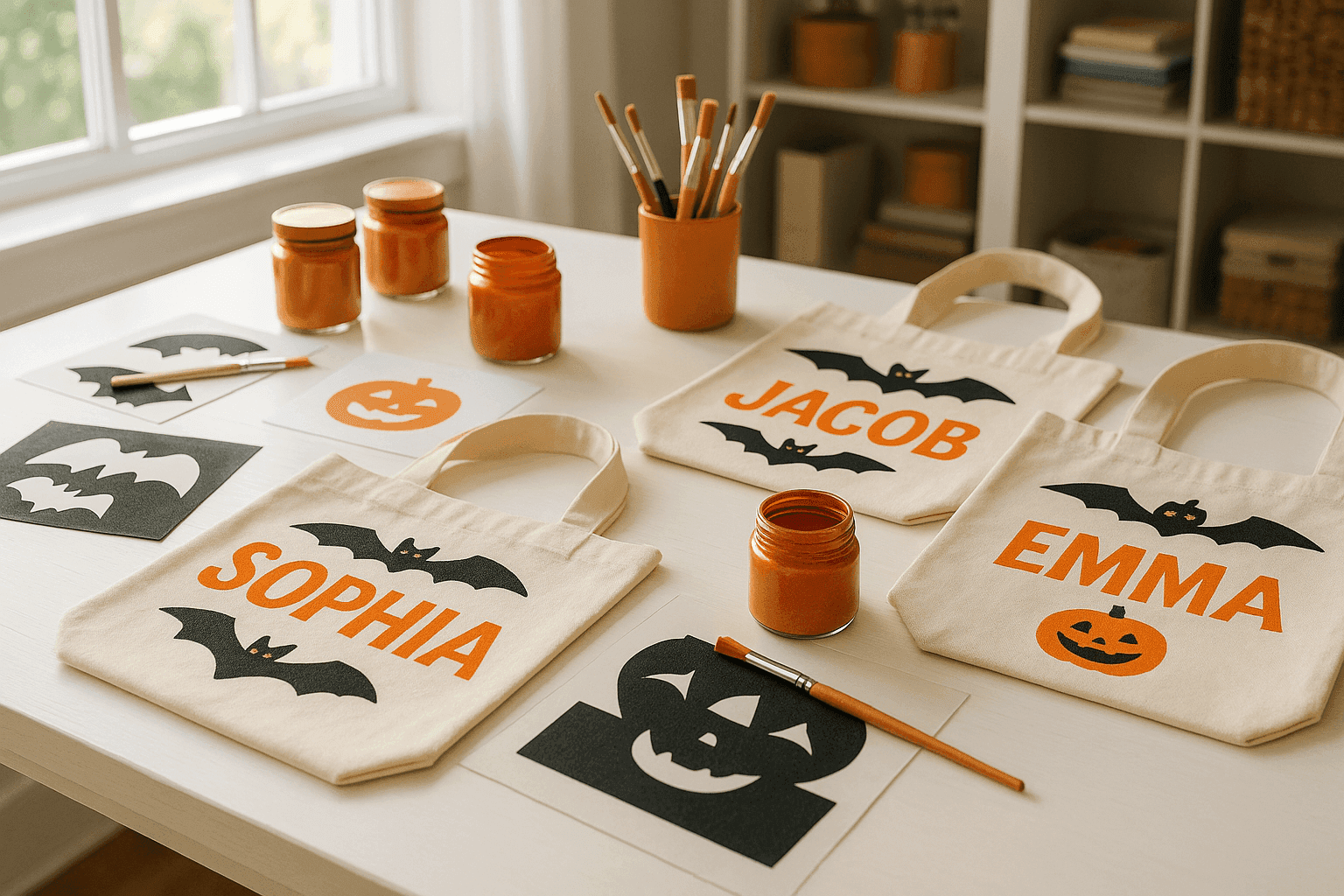 Canvas tote bags with hand-painted Halloween designs and children's names in orange and black paint on craft table with brushes and supplies
