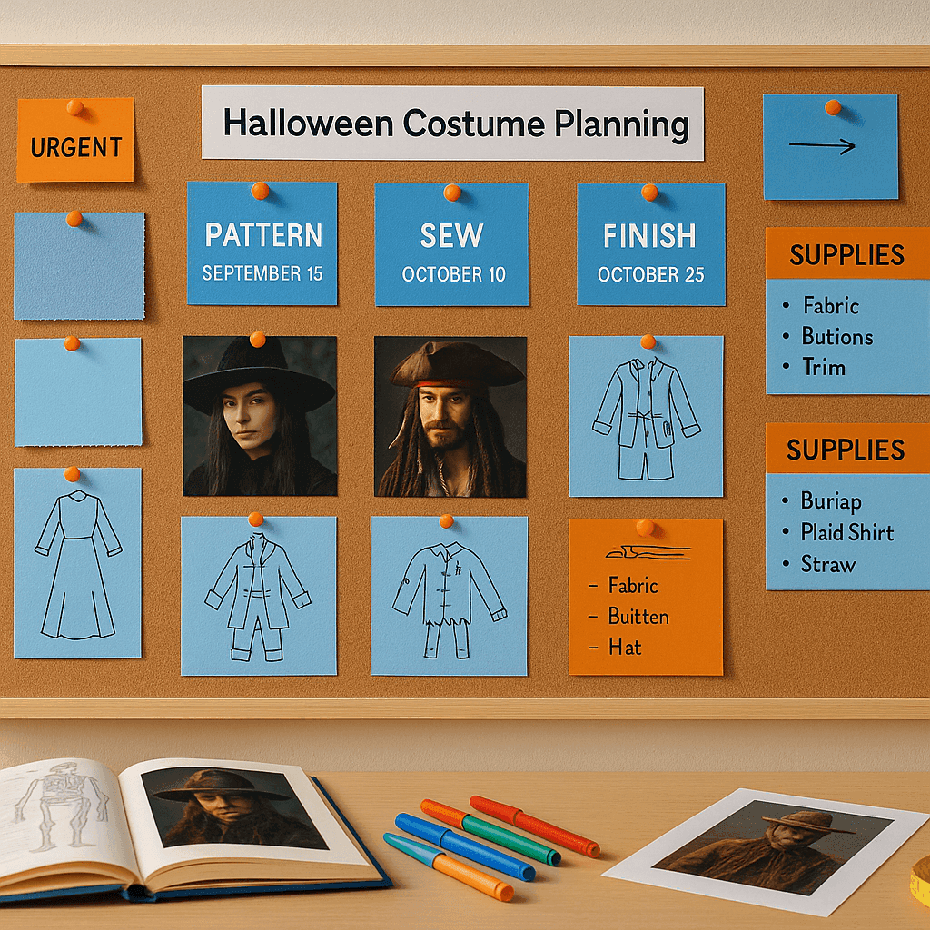 Colorful Halloween costume planning board with fabric swatches, character sketches, timeline, and supply lists organized on cork board