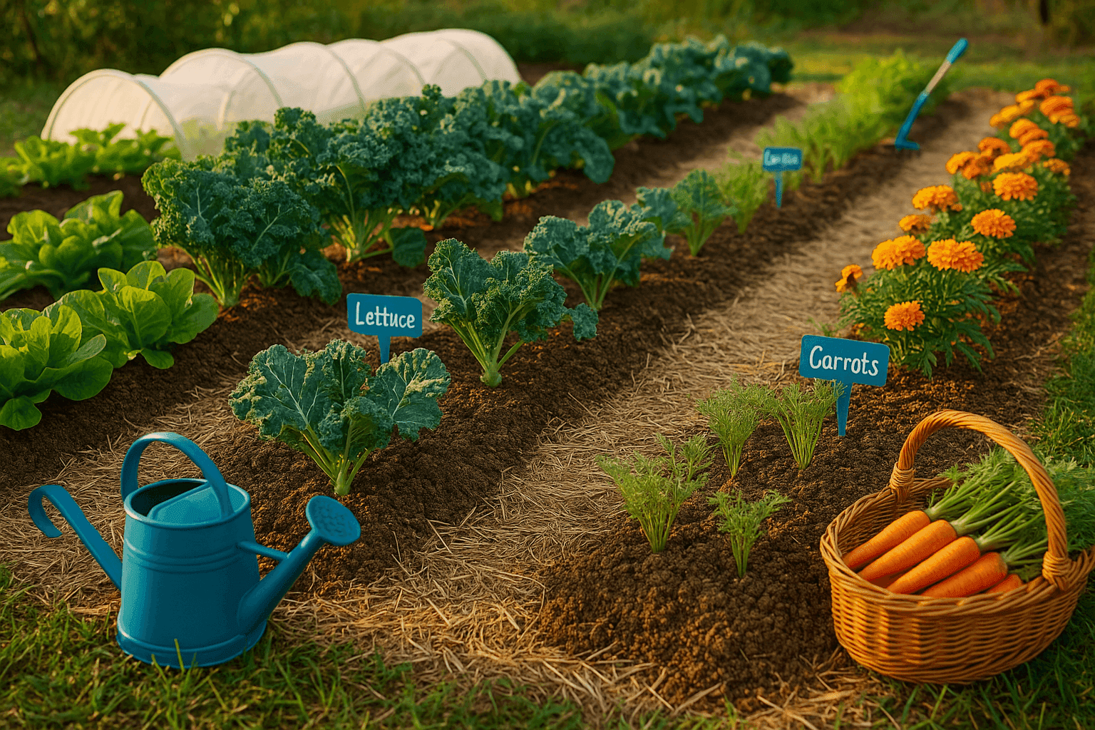 Thriving fall vegetable garden with rows of leafy greens, kale, and carrots planted for autumn harvest