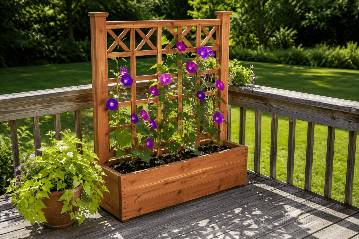 Cedar planter box with attached vertical trellis covered in climbing morning glories on a sunny deck, with potting soil visible at the base and green vine tendrils weaving through the lattice crosspieces
