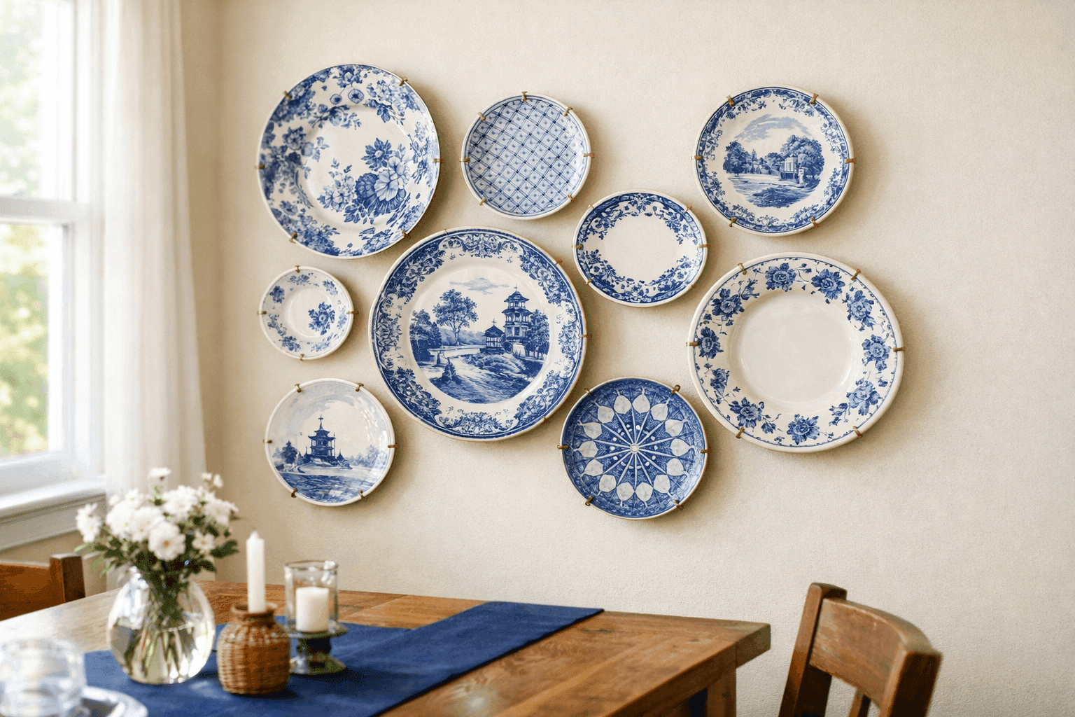 Vintage thrift store plates arranged as decorative wall art in organic cluster on dining room wall