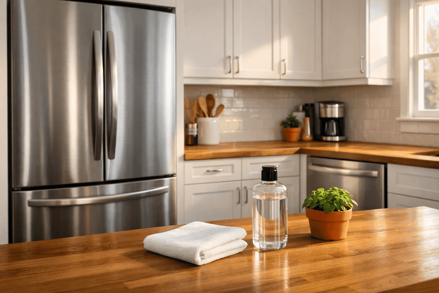 Gleaming streak-free stainless steel refrigerator front polished to a beautiful low shine in a bright modern kitchen interior with no visible fingerprints or smudges