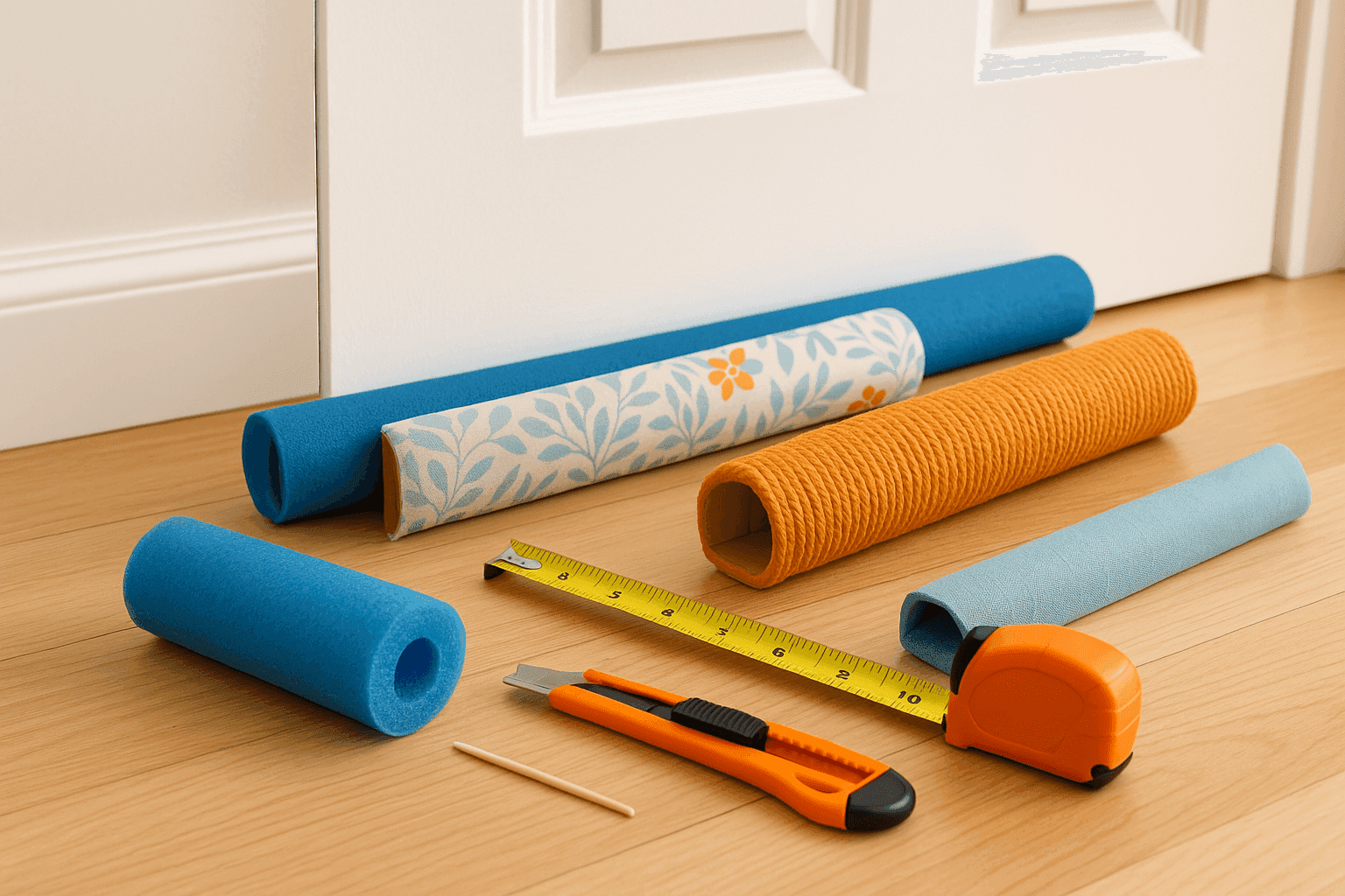 Pool noodle draft stopper cut lengthwise and placed under door, some covered with decorative fabric showing practical energy-saving solution