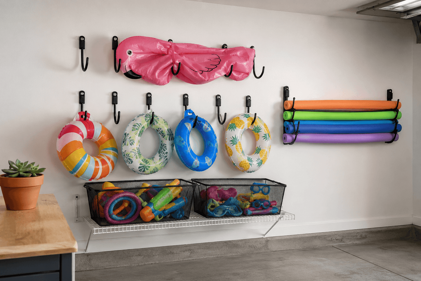 Organized garage wall section with mounted heavy-duty hooks holding deflated pool floats, mesh bins on a low shelf holding dive toys and water guns, and pool noodles corralled horizontally between two wall hooks with bungee cord