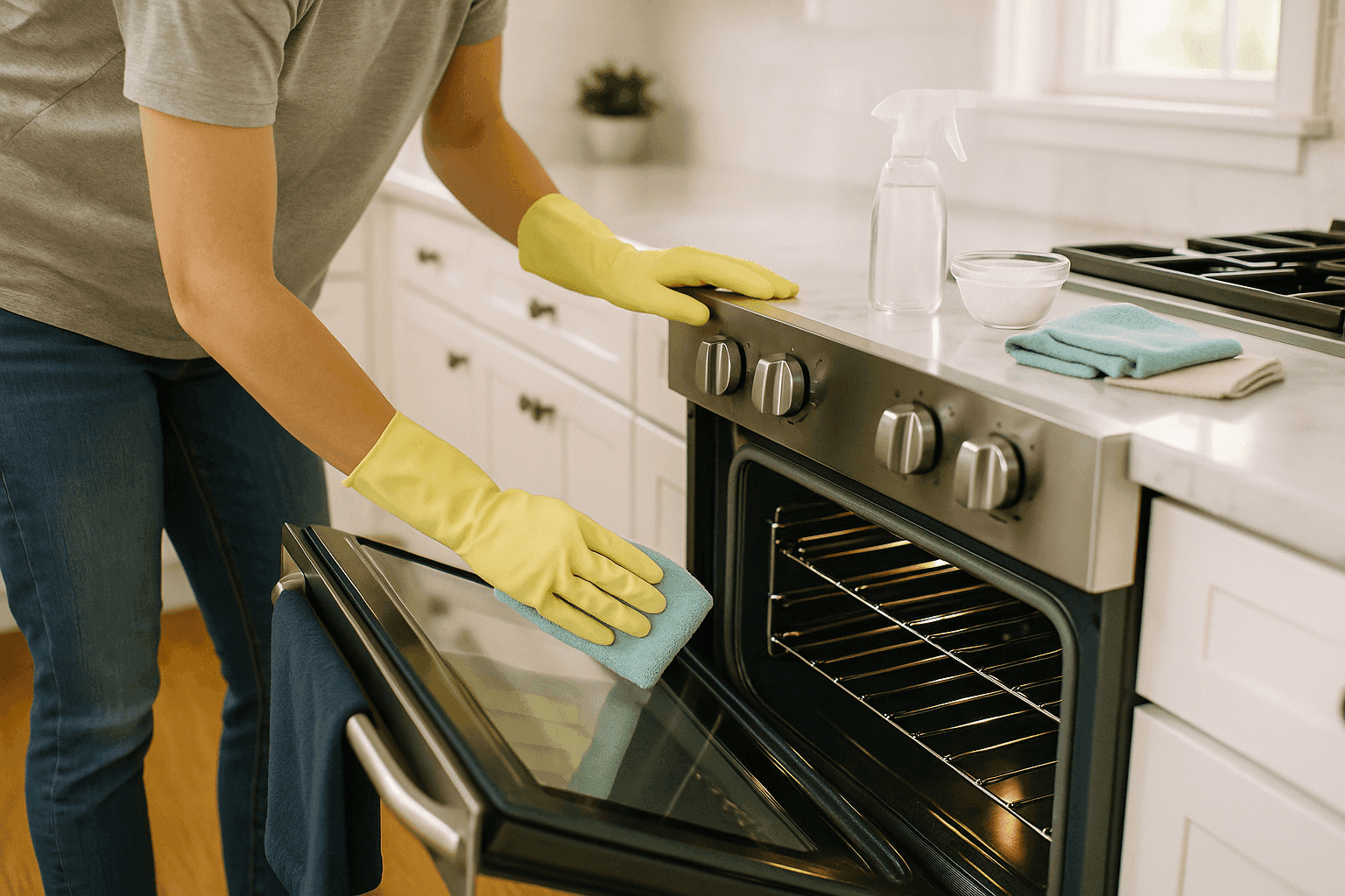 Sparkling clean oven interior after deep cleaning with person wiping down pristine surfaces ready for holiday baking