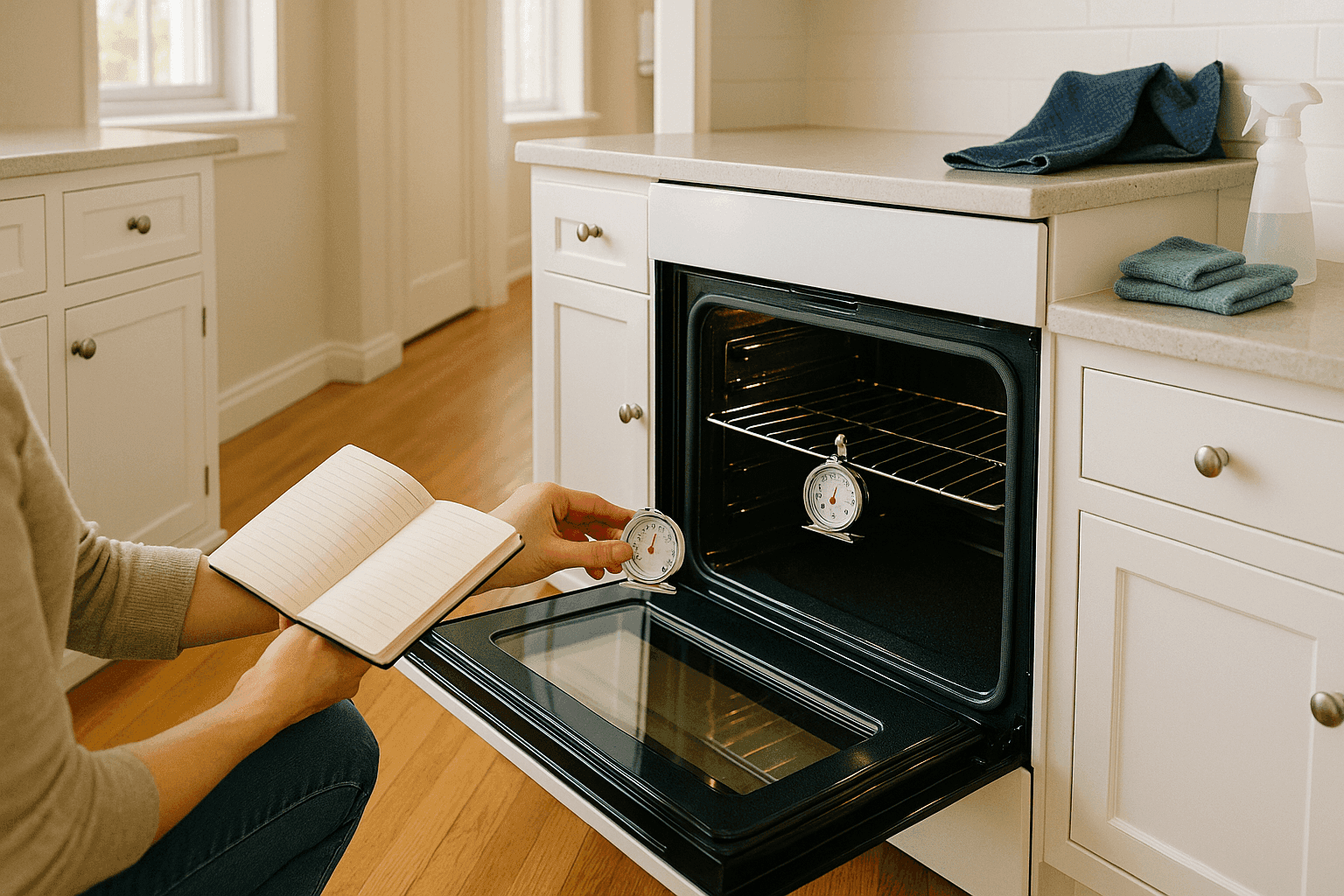 Person checking oven temperature with thermometer and inspecting clean oven interior before holiday cooking preparation