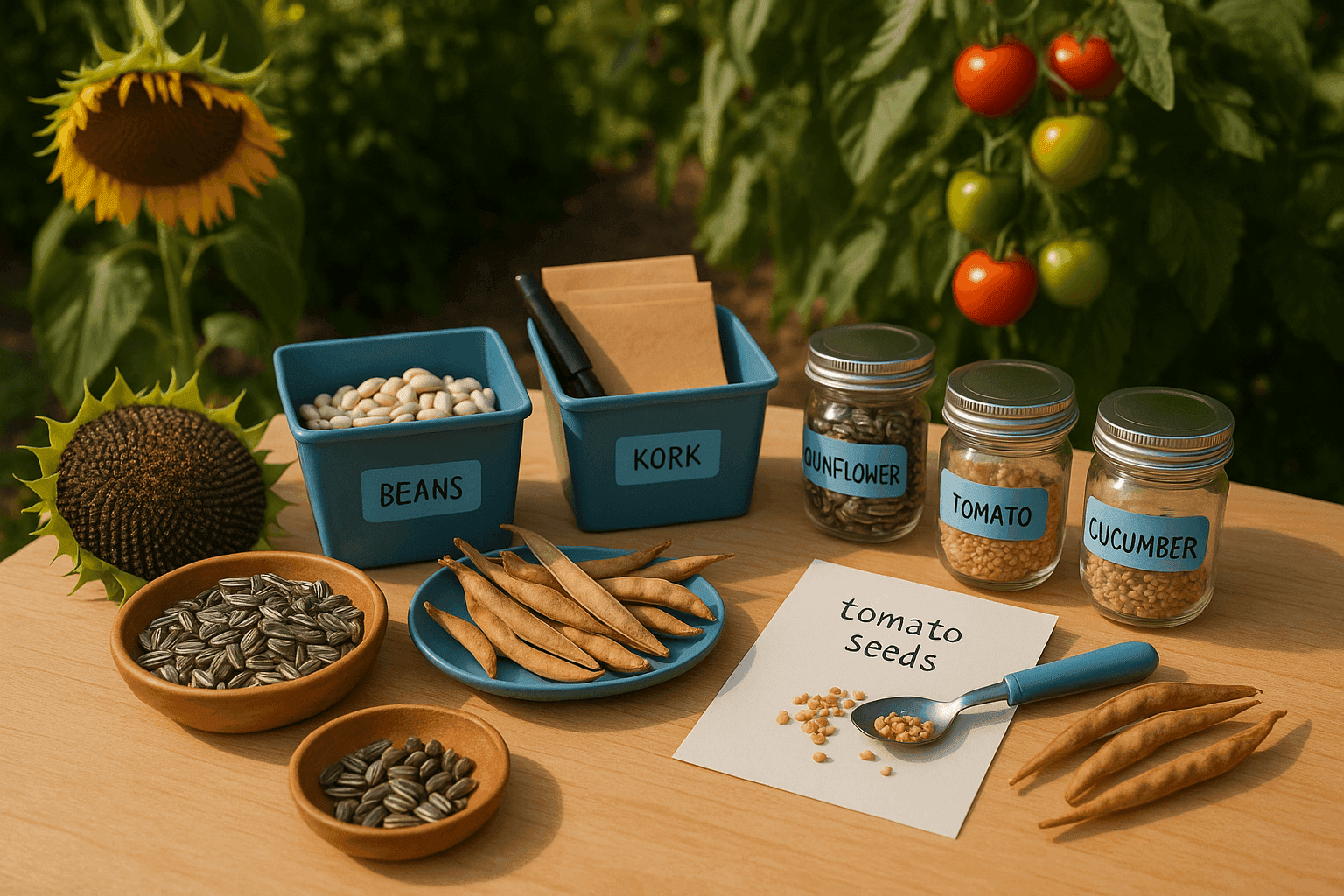 Organized seed saving station with dried seeds in labeled envelopes and jars, alongside mature sunflowers and tomatoes ready for harvest