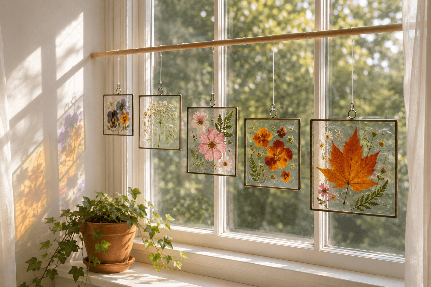 Four pressed flower suncatchers in graduating sizes hanging at different heights in a bright kitchen window, casting colorful translucent light patterns across the white wall beside them