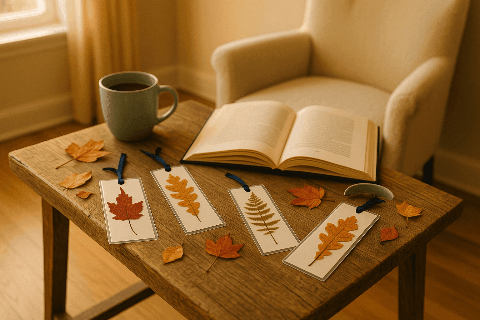 Pressed autumn leaf bookmarks sealed in clear laminating pouches arranged on wooden surface with open book and colorful fall leaves