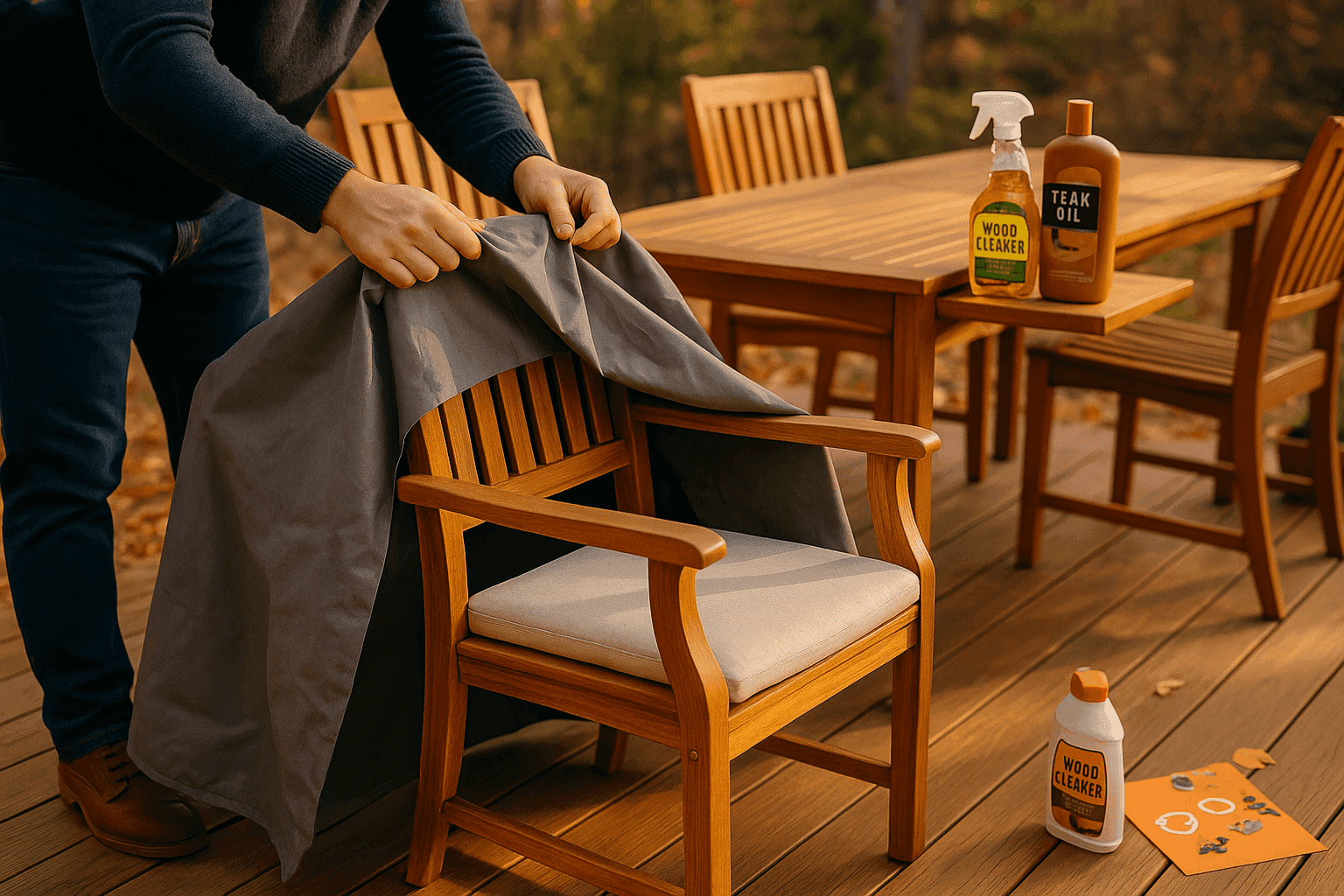 Clean outdoor patio furniture being carefully covered with protective weatherproof covers on a sunny autumn deck before winter weather arrives