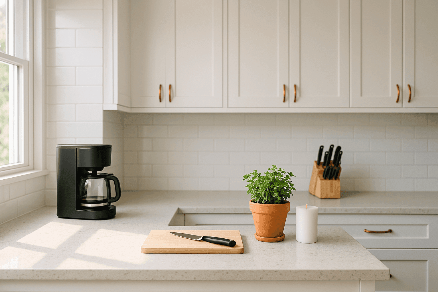 Clean, organized kitchen counters with minimal essential items, small potted plant, and warm candle creating serene cooking workspace